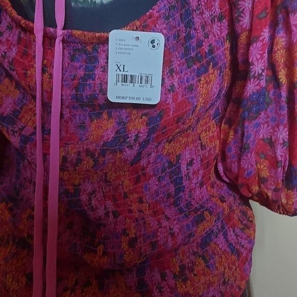 Fairycore Crop Top Smocked Puff Sleeve Vibrant Floral XL - Picture 7 of 11